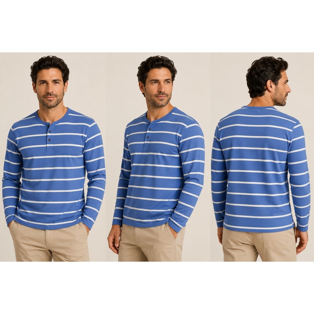 Lands' End‎ Men's XXL Blue White Stripe Long Sleeve Henley Shirt Casual